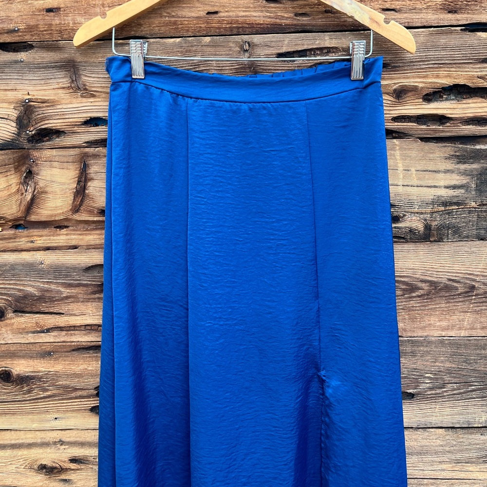 TWINKLE | Dark Blue Satin Long Skirt W/ Slit S - Picture 2 of 8